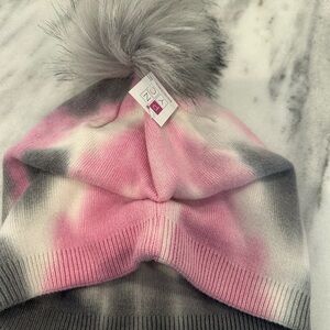 Tye Dye Slouch Hat with fur poof PNYC (Gray, Pink, White)